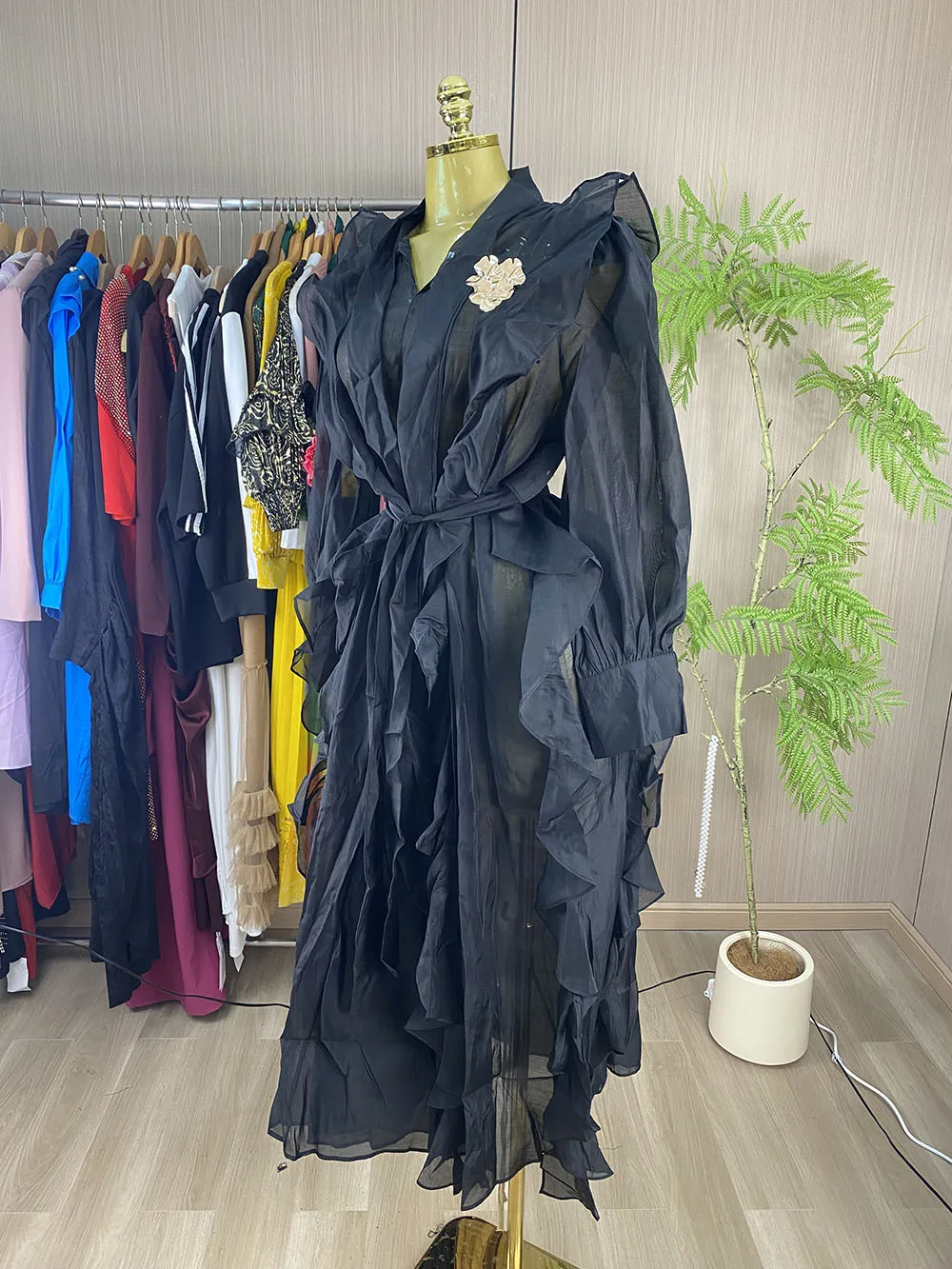 2026 New Women's Elegant Loose Chiffon Ruffled Long-Sleeve Maxi Dress-GZXX1129