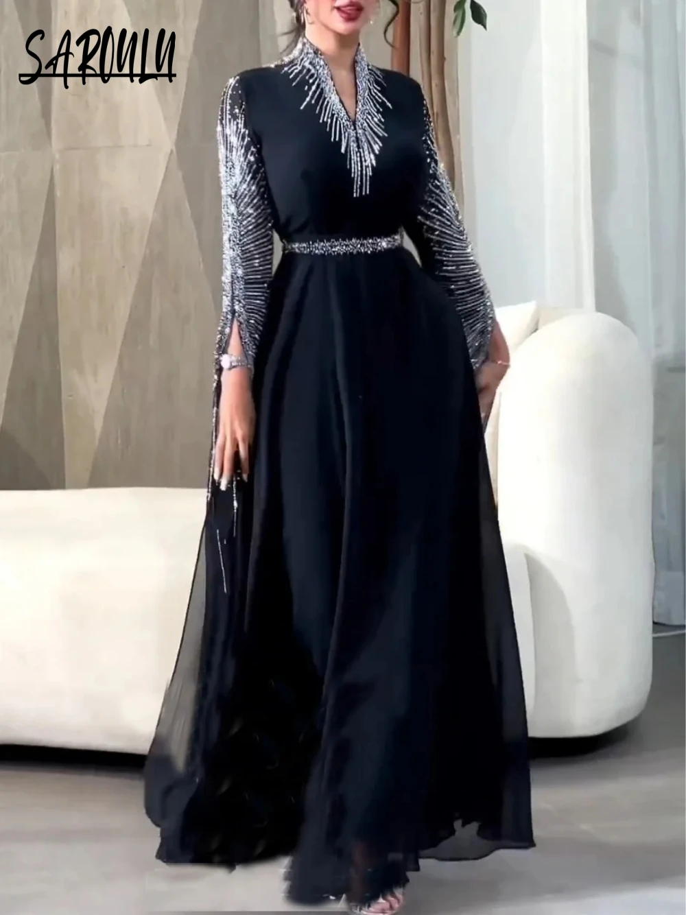 Elegant Arabic V Neck Evening Dress Kaftan Vintage Muslim Chiffon Prom Gown Women Party Customized Long Sleeves Caftan Robe