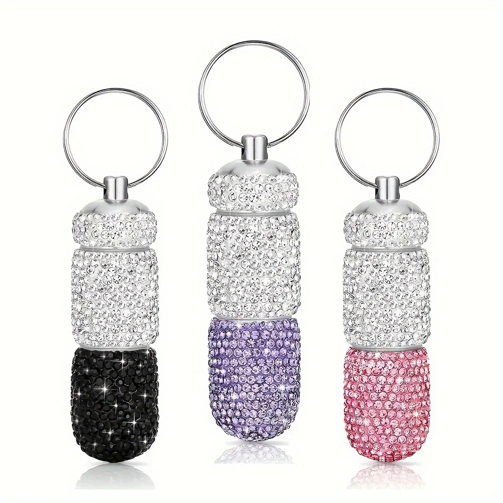 Bling Pill Case Travel Rhinestone Waterproof Fashion Pill Holder with Keychain Luxury Cute Storage Box for Outdoor Camping Case