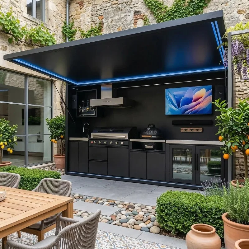 Custom Modular Outdoor Kitchen Station BBQ Island Set with Storage Shelves & Hooks Heavy Duty Metal Frame  Patio Cooking Area