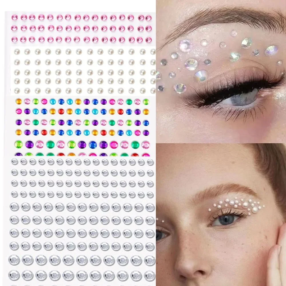 162Pcs/Sheet 3D Pearl Rhinestones Face Stickers Mini Crystal Diamond & Pearl Gemstone Tattoo Decals for Makeup Eye Photo Props