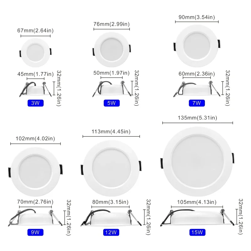 10szt/lot Led Downlight 3W 5W 7W 9W 12W 15W 220V Wpuszczana lampa sufitowa 3/4/5 cali Okrągły panel LED Down Light Oświetlenie punktowe