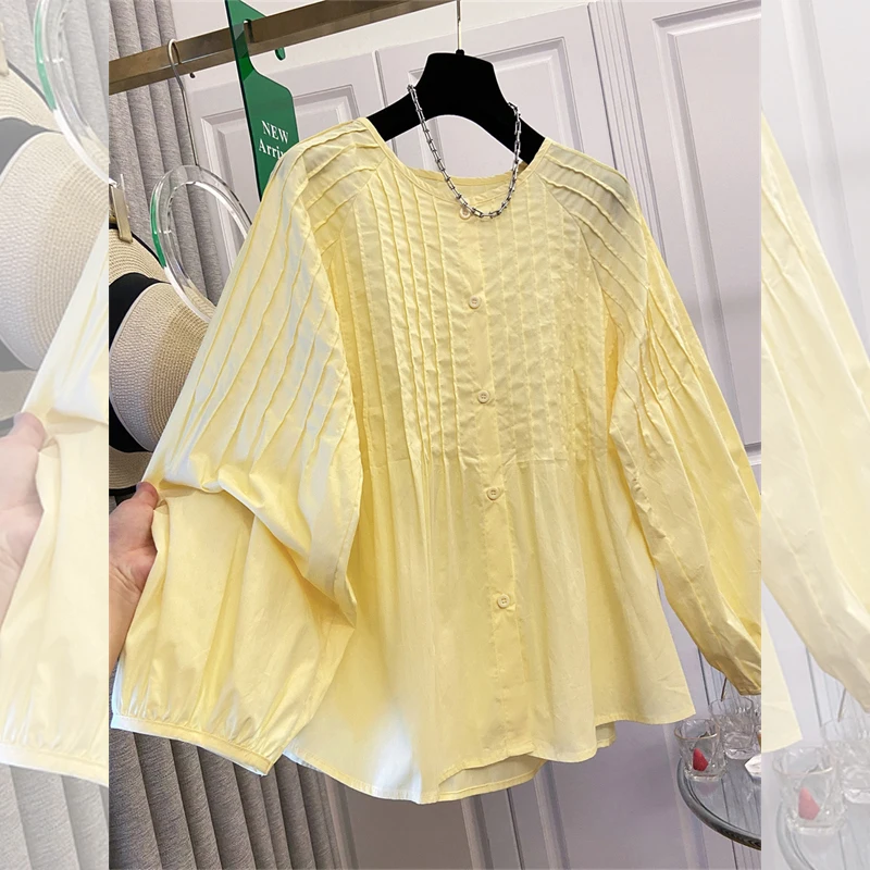 

Women Elegant Shirts Fall Clothes 2026 Women Korean Fashion Long Sleeve Tops Ladies Pleated Shirts