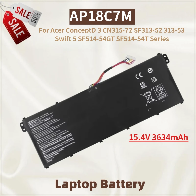 

Laptop Battery 15.4V 3634mAh AP18C7M For Acer ConceptD 3 SF313-52 CN315-72 313-53 Swift 5 SF514-54T SF514-54GT New High Quality