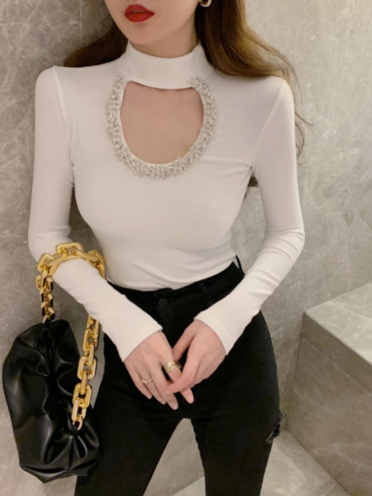 

Autumn Rhinestone Elegant Semi-High Collar Base Shirt Women's Niche Hollow Design Fashion Short Stylish T-Shirt Long Sleeve Top