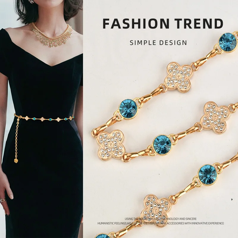 

Western Four-leaf Clover Rhinestone Metal Women Waistband Belt Fashion Dress Coat Skirt Belt for Ladies