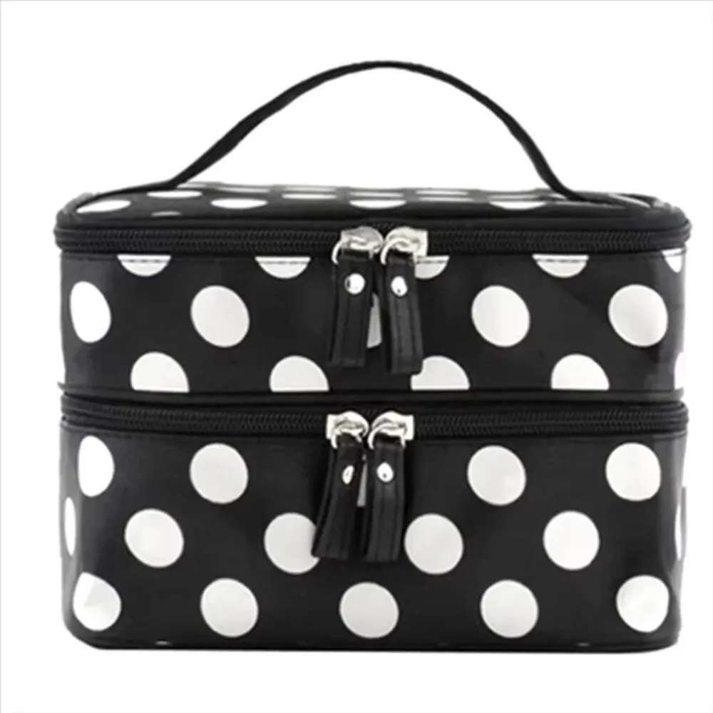 Fashion Double-layer Makeup Bag Polka Dots Portable Toiletry Bag Large Capacity Travel Makeup Case