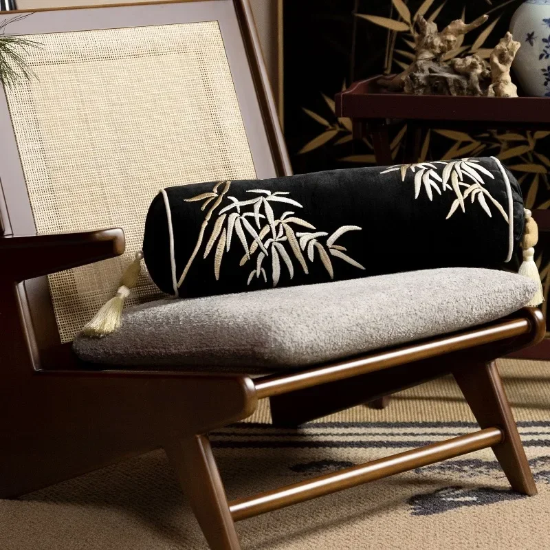 

Chinese bamboo leaf embroidery post pillow round bed rolls chic cushion decoration spine waist throw retro sofa chair decoration