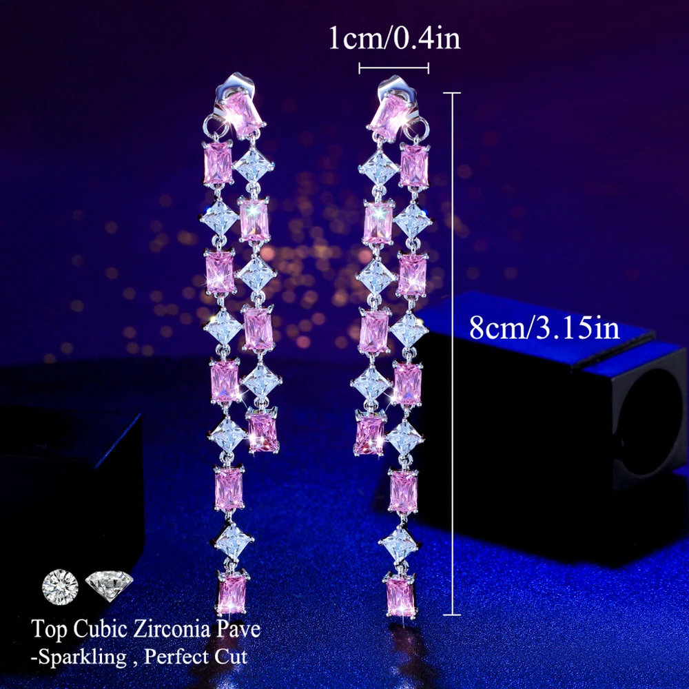 BeaQueen Chic Romantic Pink White CZ Crystal 80mm Super Long Drop Earrings for Women Wedding Dress Jewelry Accessories Gift E741