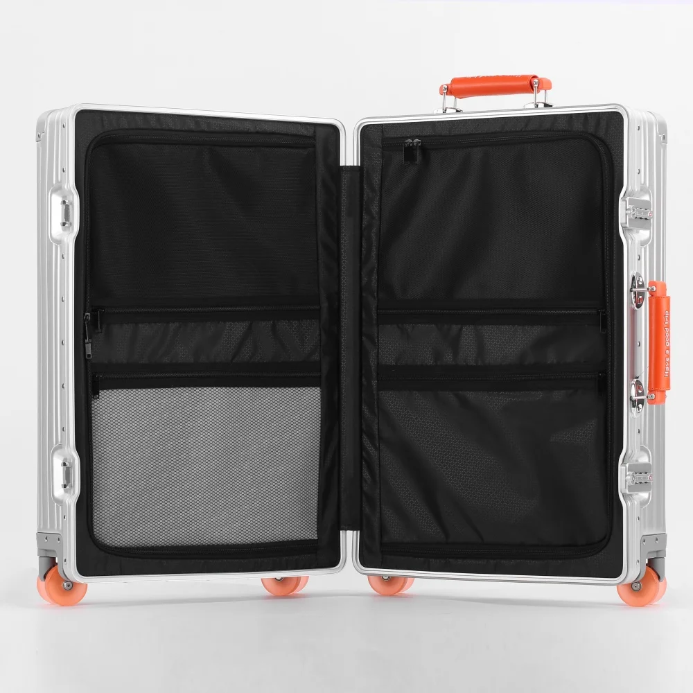 جديد جميع سبائك الألومنيوم والمغنيسيوم حقيبة مع عجلة دوارة TSA قفل مقبض جلدي 20/24/29 ''حقيبة سفر الأمتعة المتداول