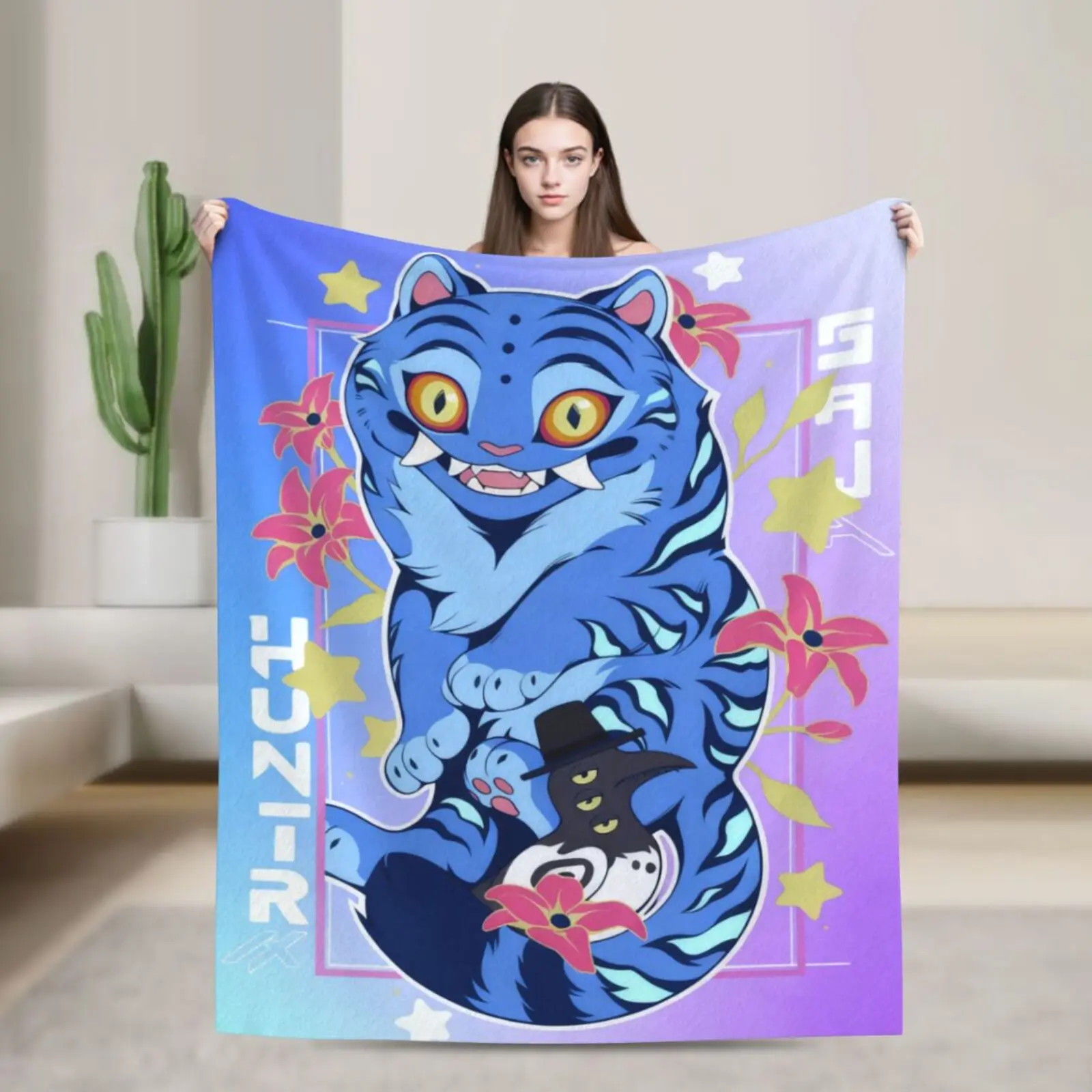 أنيمي النمر شيطان هنتركس دافئ الفانيلا بطانية ، جميل K-Pop شيطان هنتر أنيمي الدافئة رمي بطانية لغرفة المعيشة ، ديكور المنزل