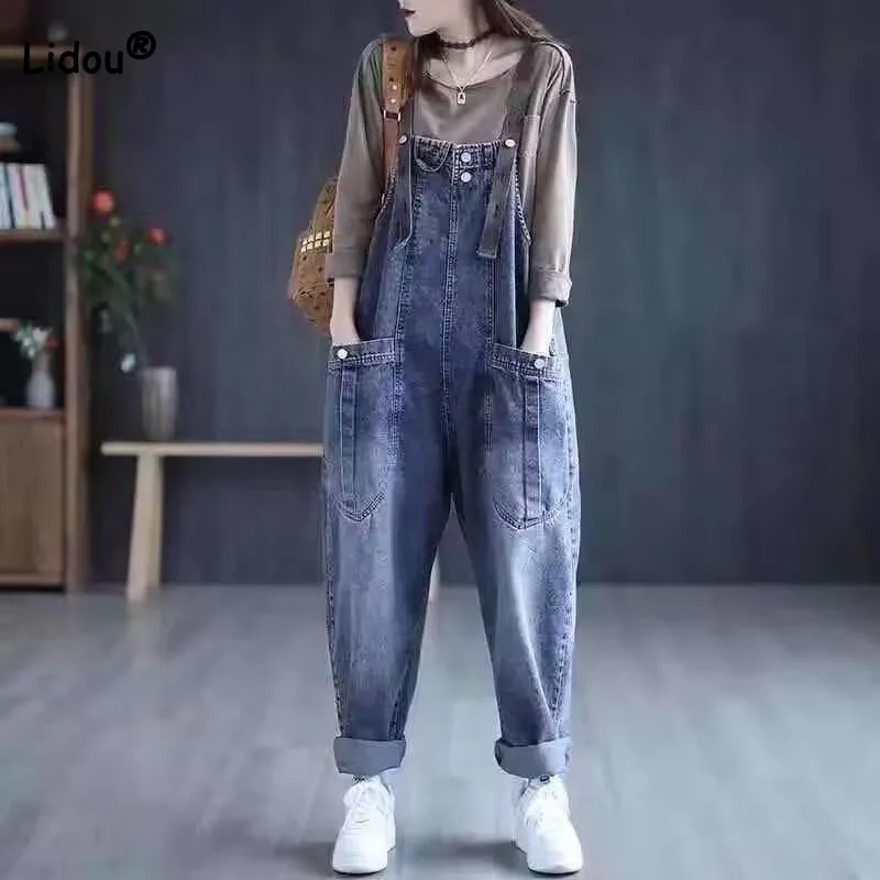 

Fashion Pockets Vintage Denim Jumpsuits Female Clothing Spring Autumn New Korean Loose Button Spliced Casual Women's Rompers