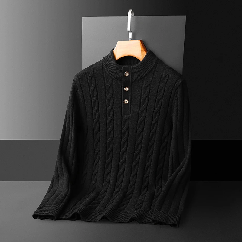 

Зимний утепленный шерстяной вязаный свитер на пуговицах с высоким воротником, мужской, модный, молодежный, прямого кроя, с длинными рукавами