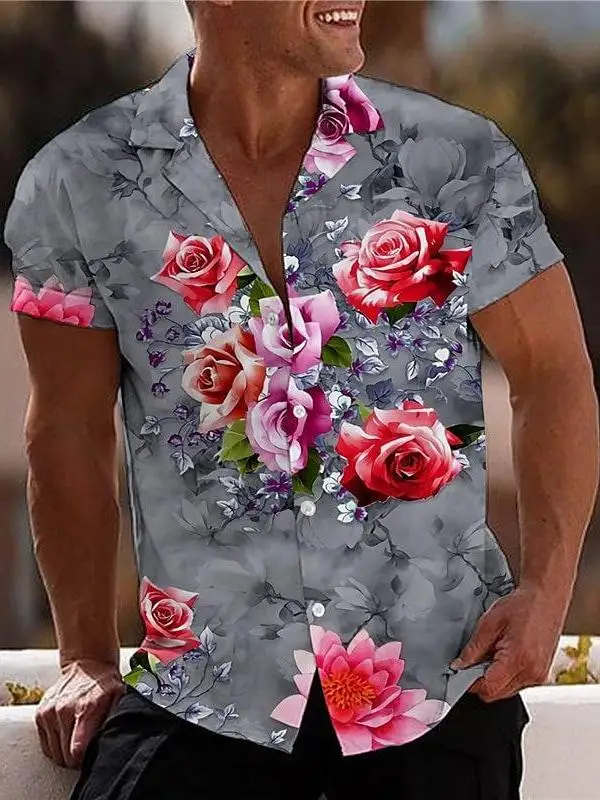 

Retro 3D Print Slim Fit ort Sve irt Faion Urban Sle Large Size Men's Casual irt Floral Pattern Japanese Sle