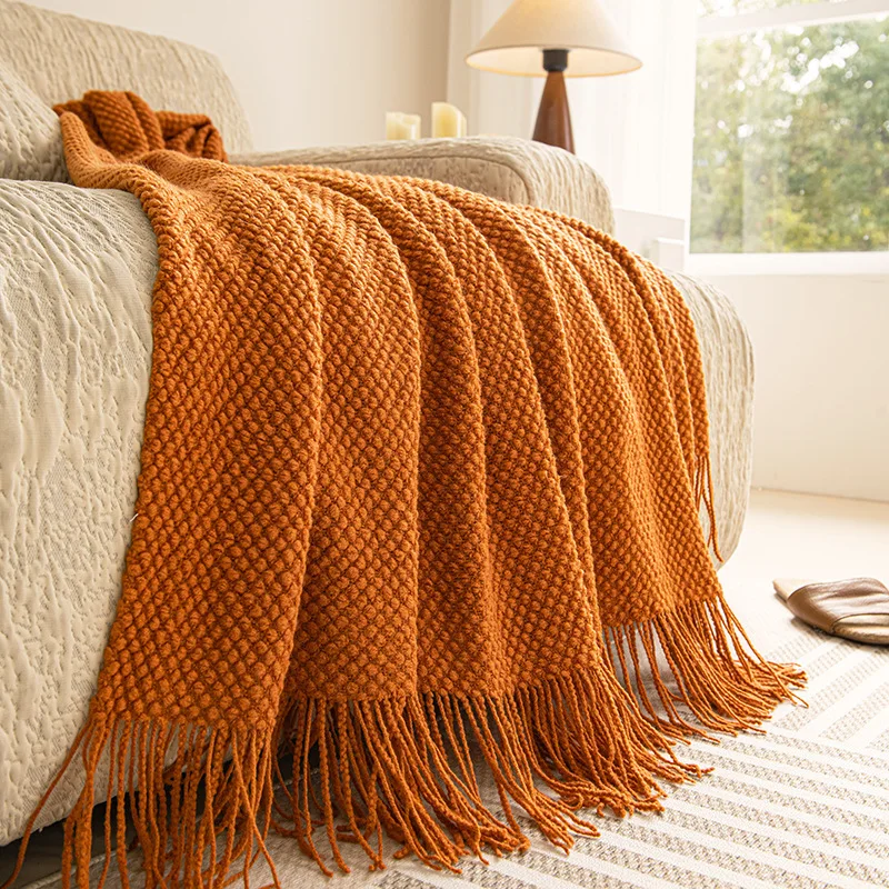 

Solid Color Nordic Vintage Knit Blanket for Bedroom Sofa Office Nap Travel Airplane Cover