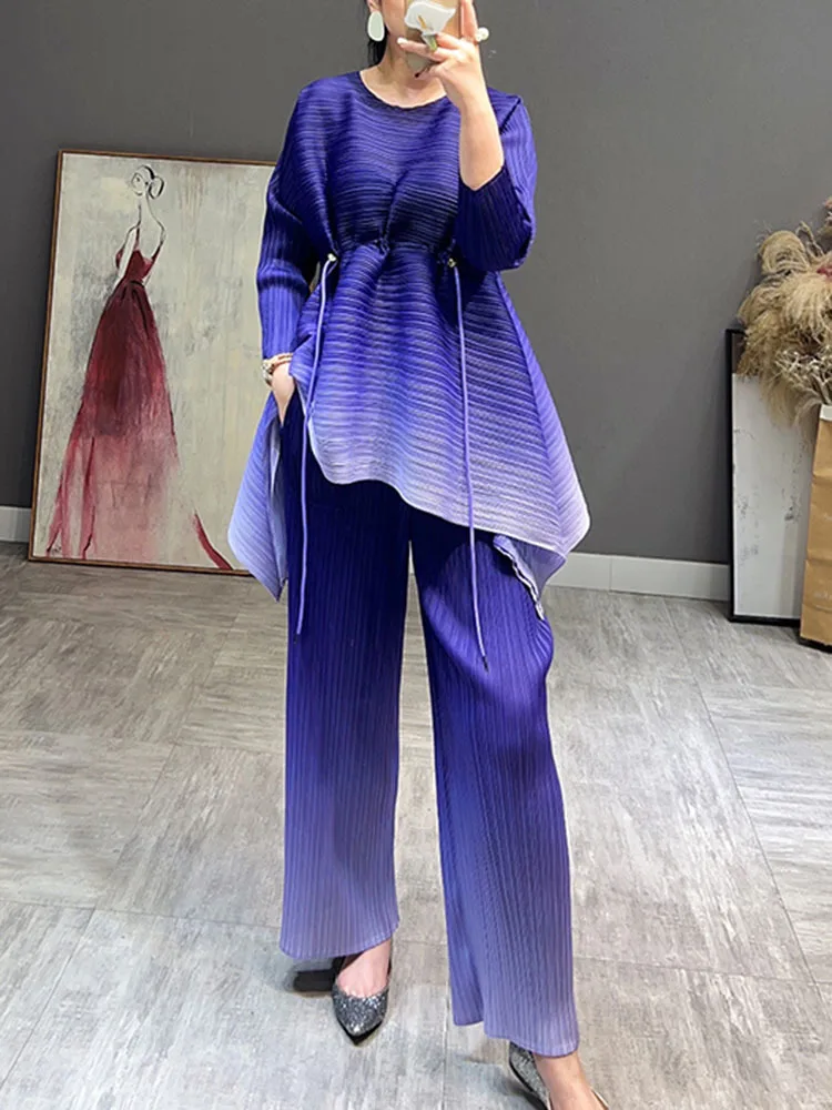 LANMREM Pleated Gradient Sets Women O-neck Irregular Long Sleeve Tops Loose Wide Leg Pants 2024 Summer Female New Clothing 2I560