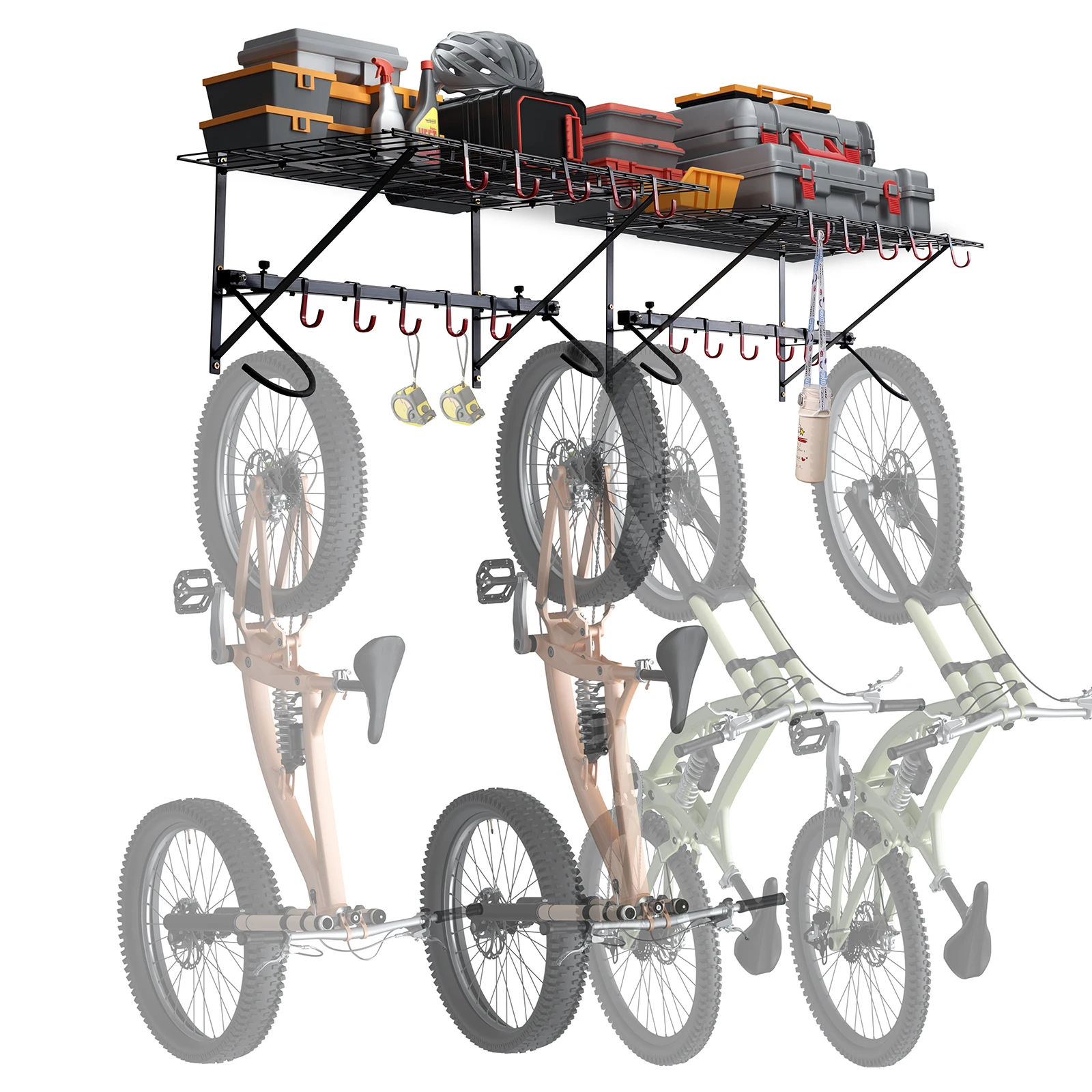 

SucceBuy 500 lbs Bike Storage Rack Wall Mount Bike Storage Hanger with 2 Shelves Adjustable Holder for 4 Bike Garage Organizer