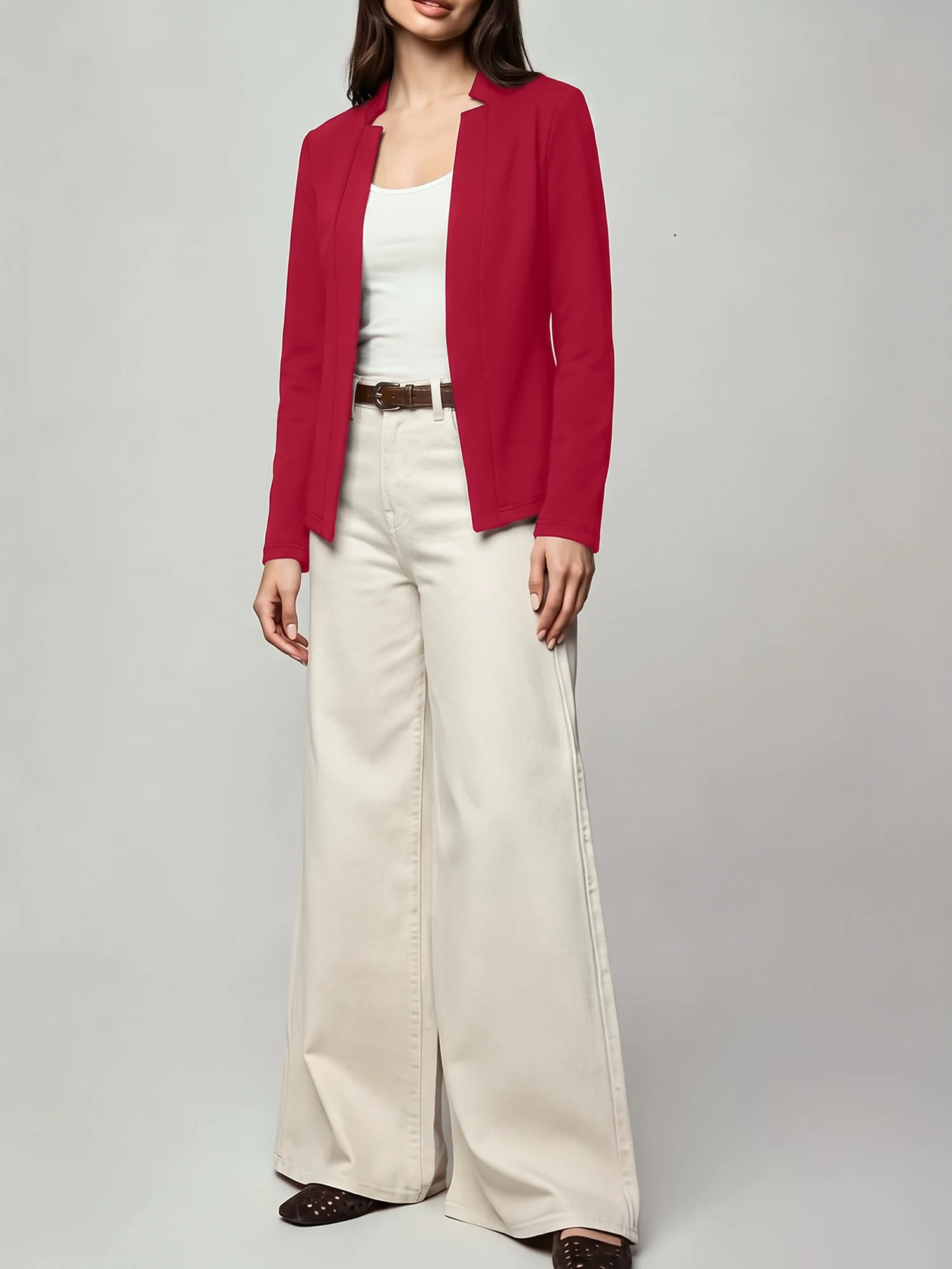 Elegant Solid Color Women Blazer Jacket Long Sleeve Stand Collar Open Front Slim Workwear Outerwear