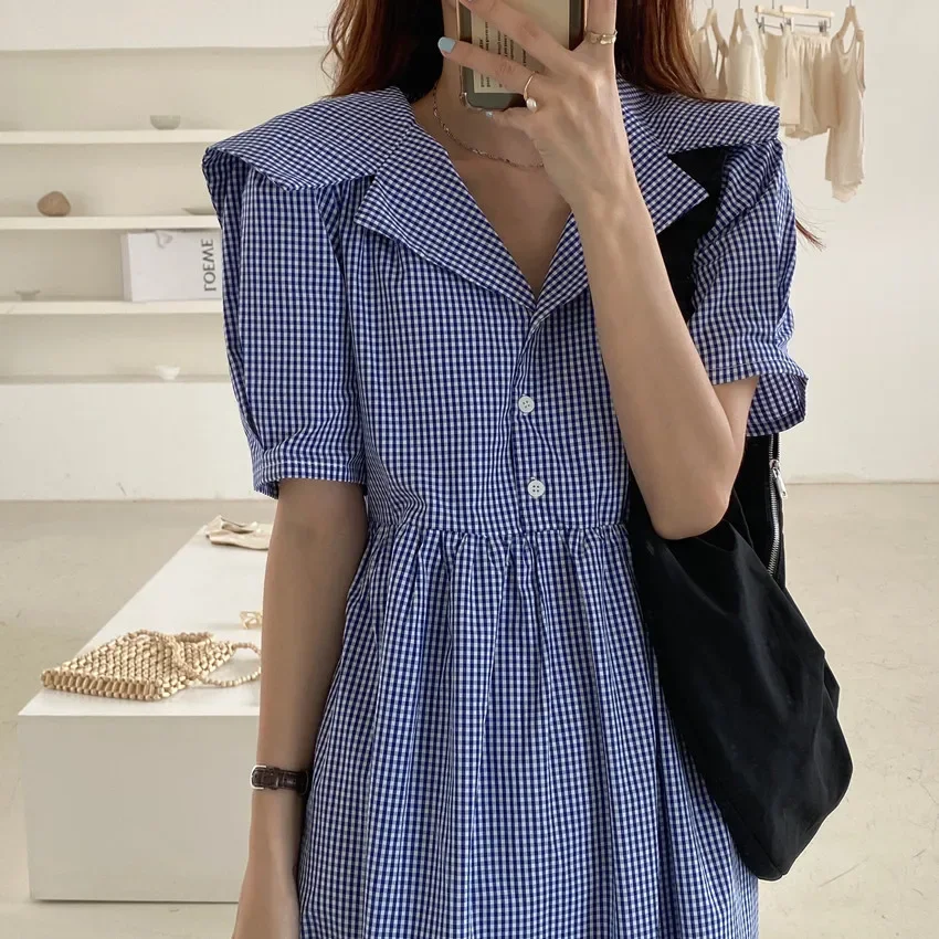 French Suit Collar Women Dresses 2024 Summer Korean Chic Niche Women Vestidos Elegant Casual Robe Female Plaid Lace-up Dress