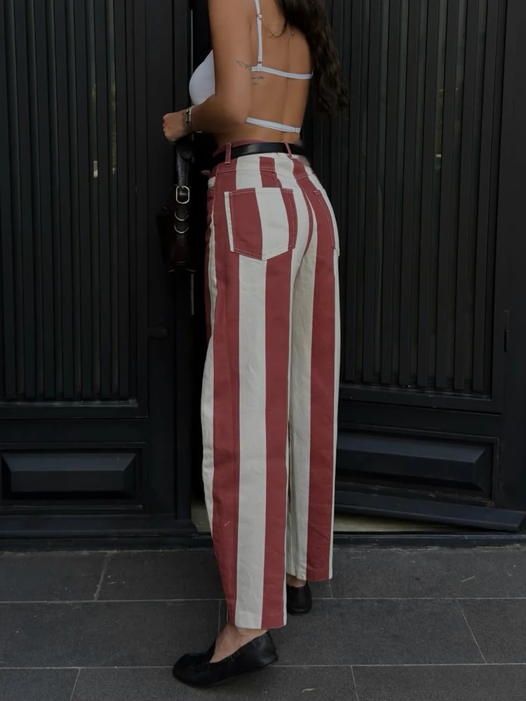 HH Women's Fashion Street Striped Tapered Jeans 2026 Spring Summer Casual Button Zipper Double Pockets  Female Denim Trousers