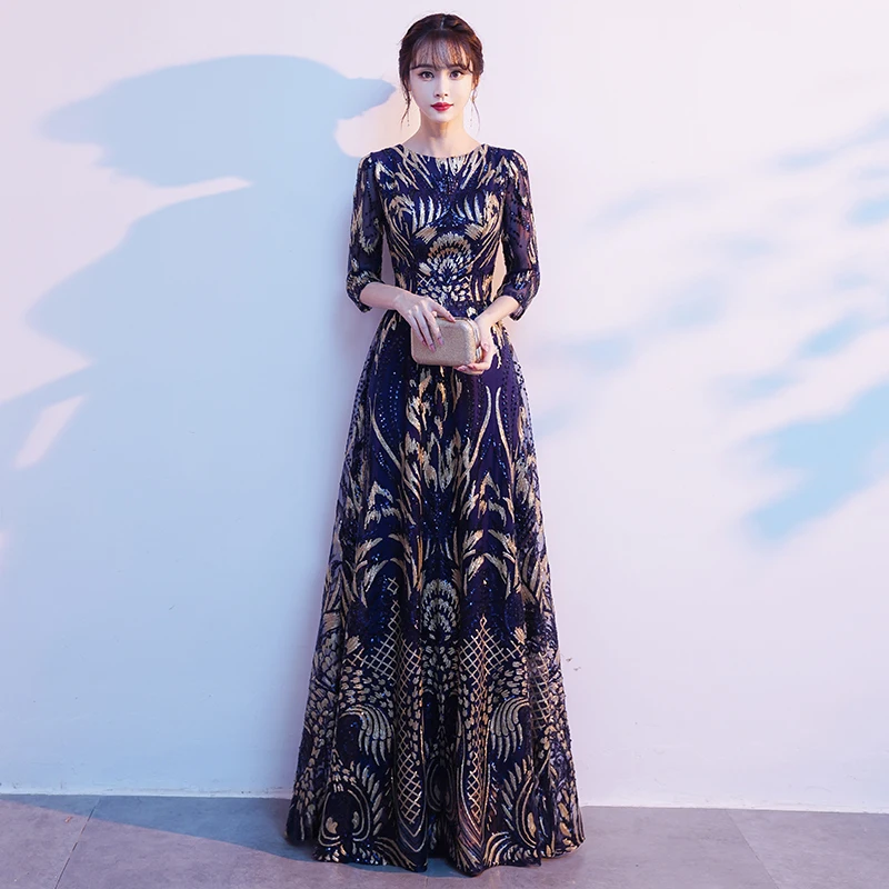 

Navy Blue Mother Of The Bride Dresses With Sleeves Elegant O-Neck A-Line Floor-Length Sequin Long Women Wedding Party Dresses