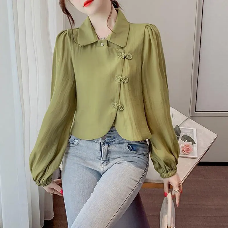 Women\'s Autumn Fashion Simplicity Solid Color Long Sleeve Chiffon Shirts Women Clothes Casual Vintage All-match Temperament Tops