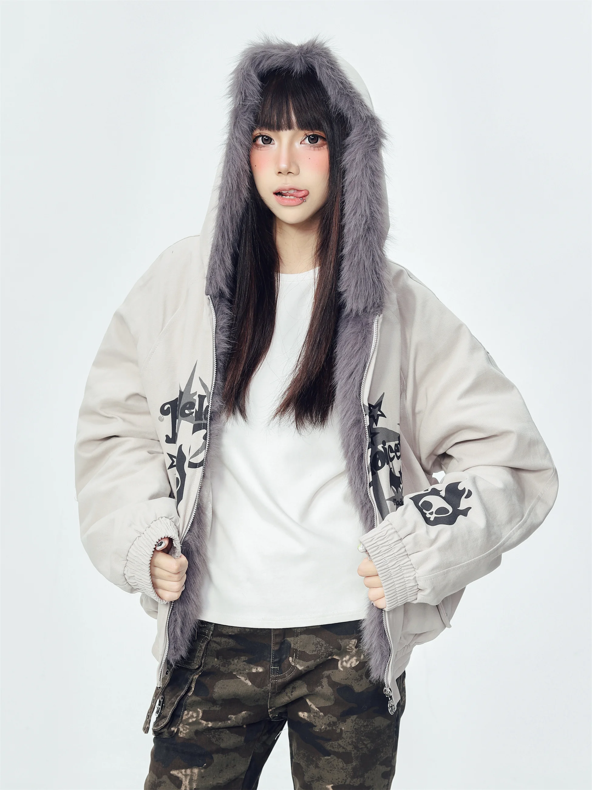 

KESOAK American Skull Print Hooded Coat Winter New Sle Mountain Eagle Cotton Jaet Thi Warm Cotton Clothes for Women