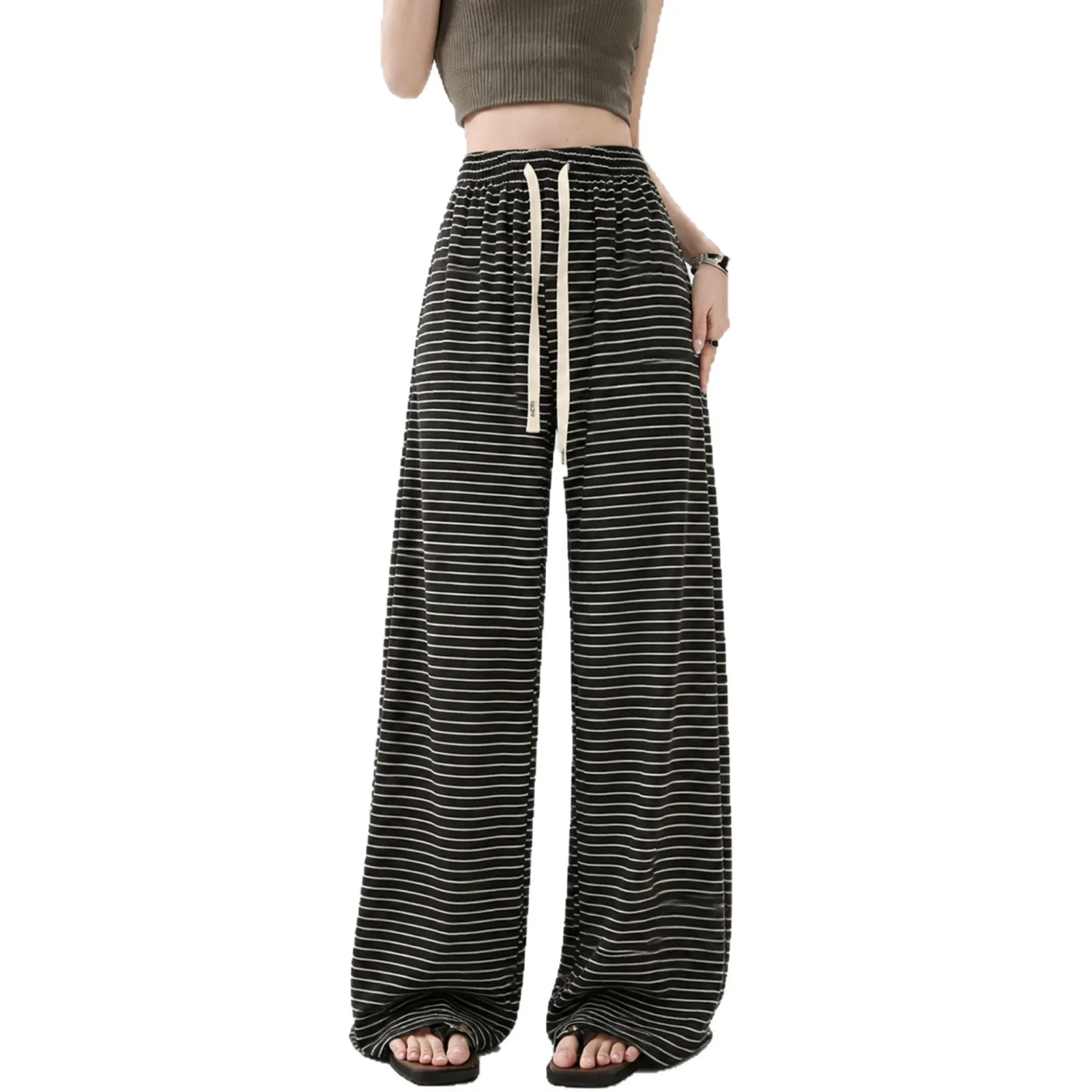 Women Winter Fleece Lined Striped Wide Leg Trousers High Waist Straight Loose Draping Slim Fit Sweatpants