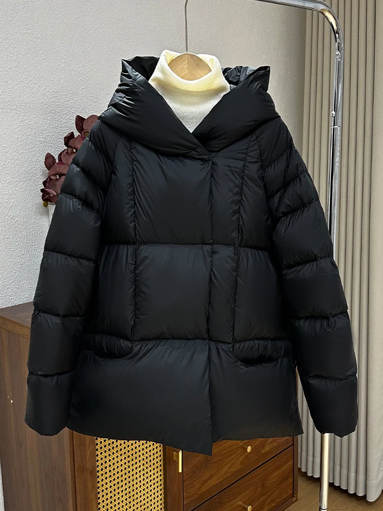 Chaqueta de plumón con capucha gruesa de invierno para mujer, prendas de vestir Parker de plumón de pato blanco cálido, Chaqueta de algodón acolchada con bolsillo sólido holgado para mujer