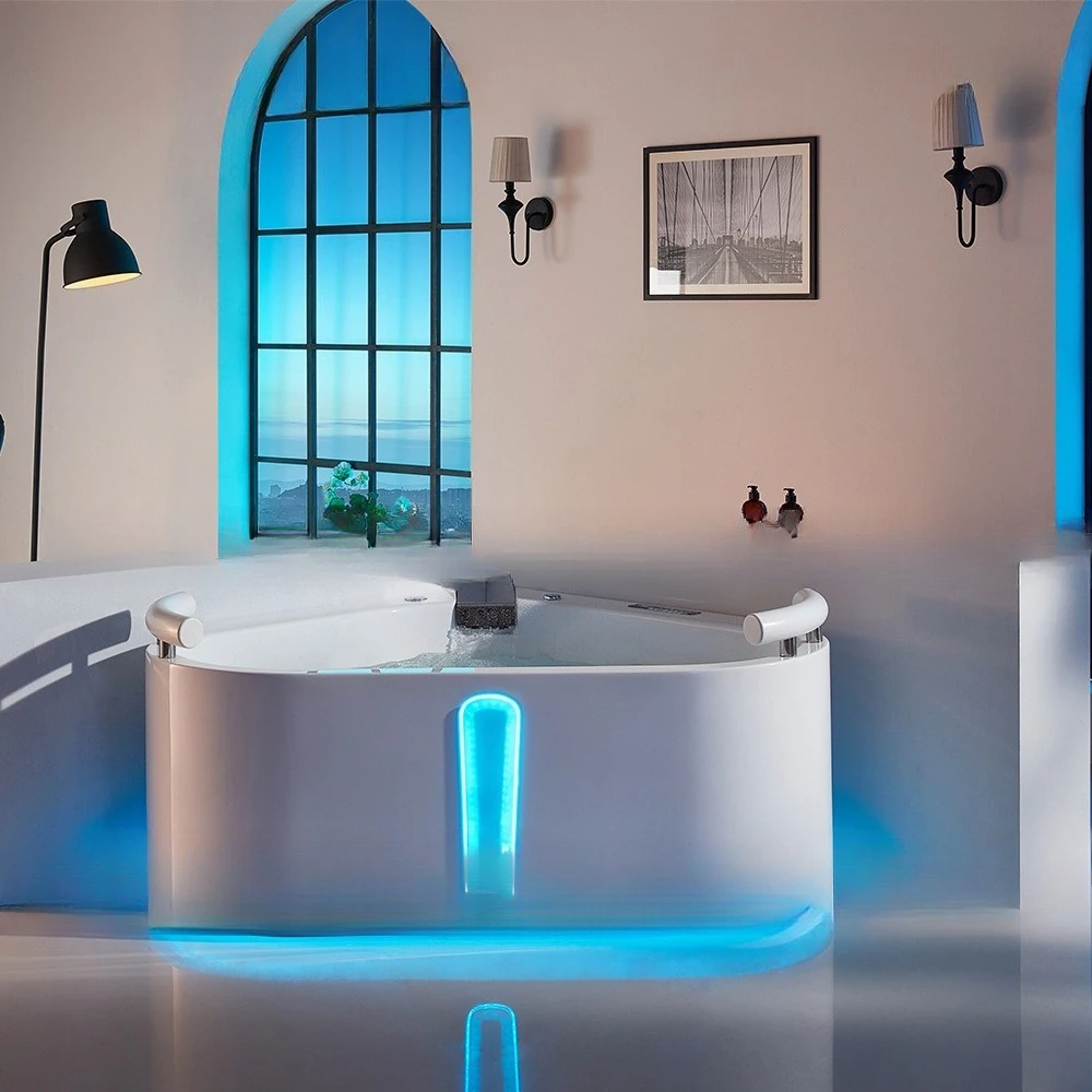 Triangle bathtub Acrylic fan-shaped double thermostatic heated jacuzzi Great waterfall ambient light 1.4 meters bathtub