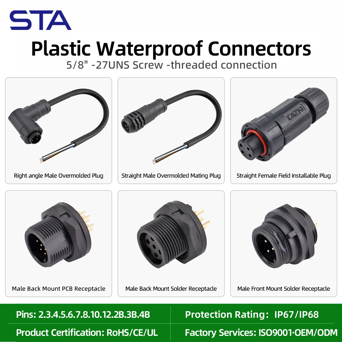 Custom Industrial IP67Waterproof Connector 2 3 4 5 6 7 8 10 12pins Aviation Plug Front/Rear Fastened Nut Solder Plastic Socket