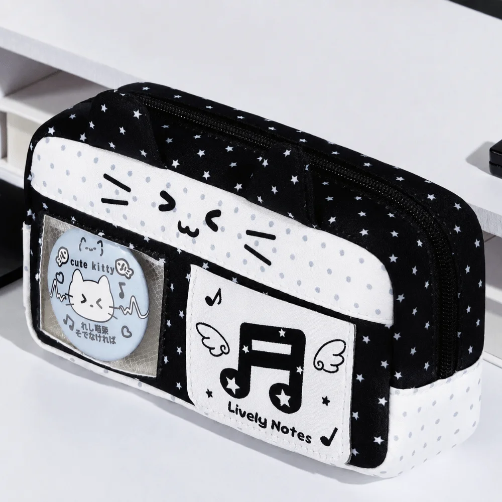 Cat Ear Design Pencil Case Music Note Star Print Multi Compartment Pencil Pouch Large Capacity with Clear Window Stationery Bag