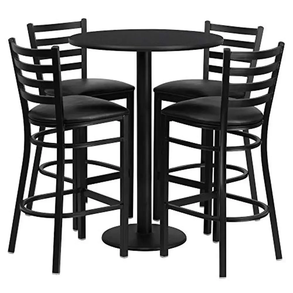 30'' Round Black Laminate Table Set 4 Barstools Round Base Ladder Back Metal Black Vinyl Seat 31