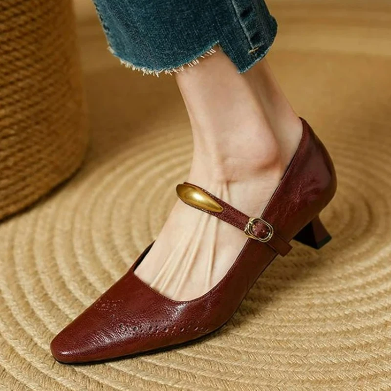 

NEW Spring/Autumn Women Pumps 4cm High Heels Shoes Genuine Leather Shoes for Women Buckle Strap Mary Janes Black Shoes SU07