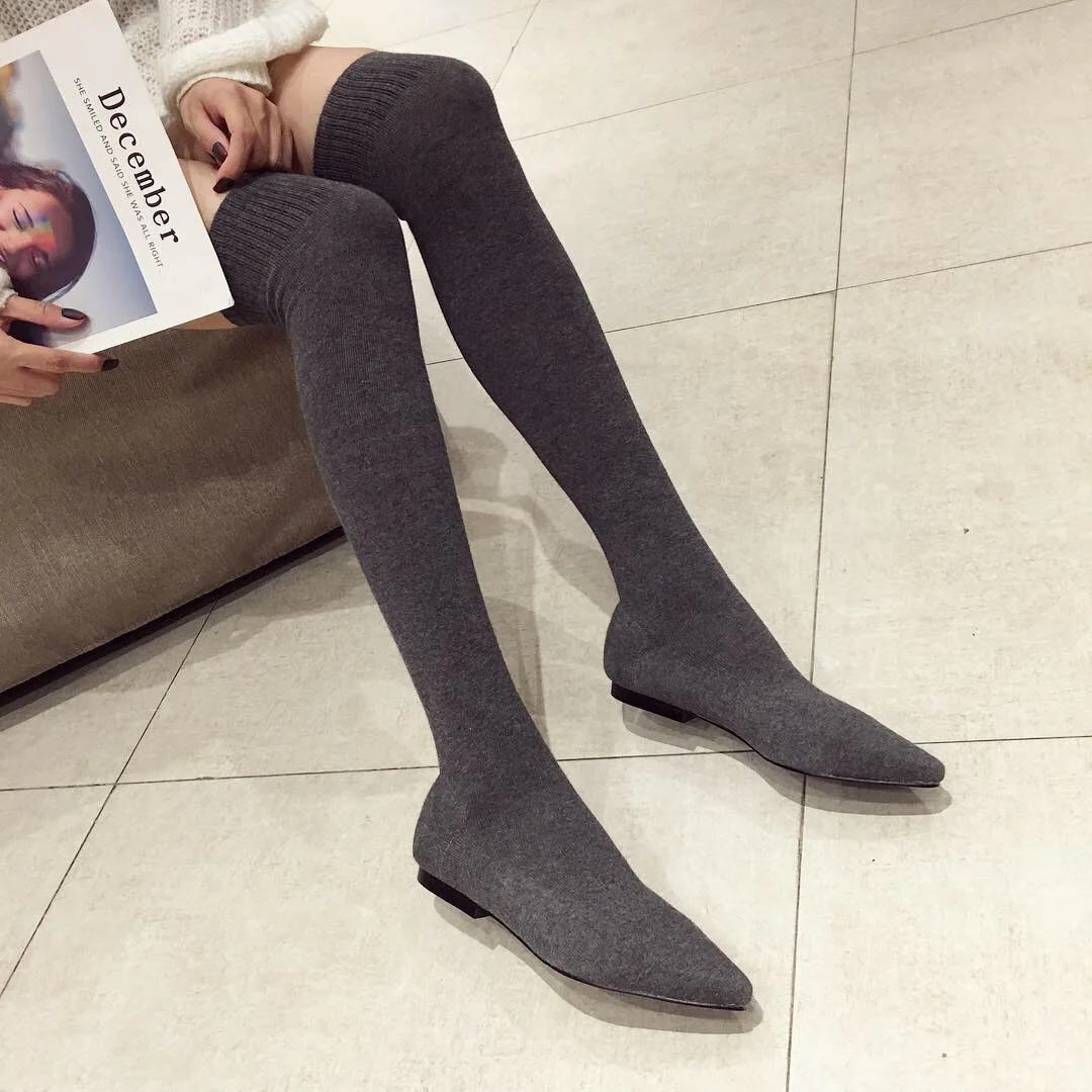 Elastic slim boots 2025 winter new item over the knee versatile pointed flat boots women's long socks boots