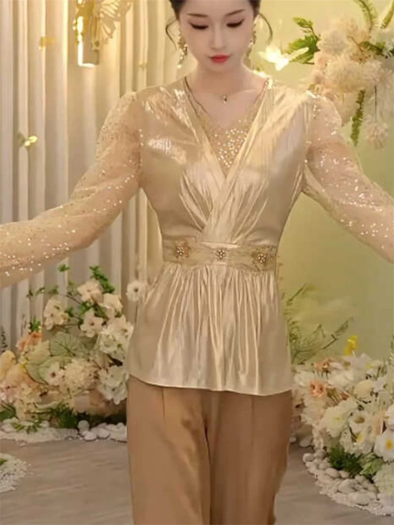 

Женская модная кружевная лоскутная блузка 722P, роскошная яркая шелковая рубашка с блестками, новая весенняя элегантная цветочная вышивка, бисер