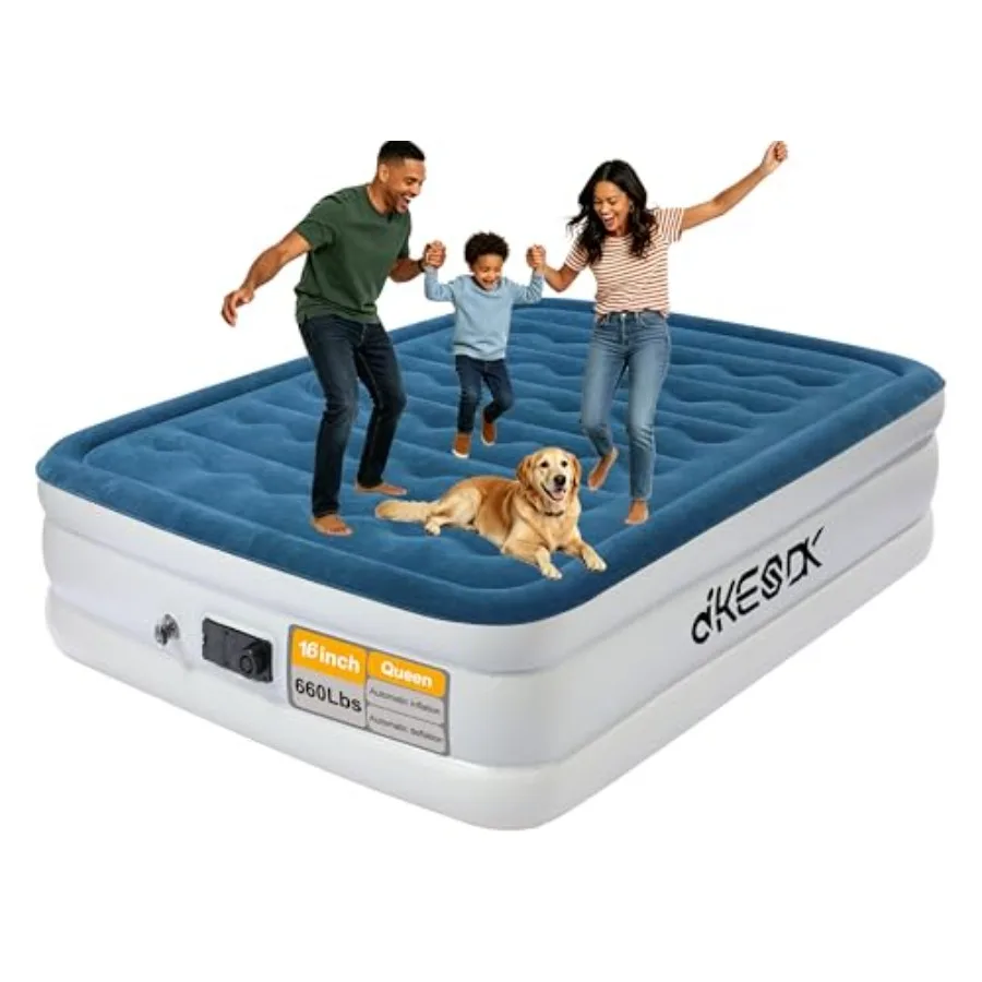 Queen air mattress with built-in pump, waterproof flocked surface, gray, 16-inch height, inflates in 3 minutes for travel and t
