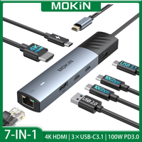 MOKiN USB Hub 7-in-1 USB-C Multiport Hub Adapter with 4K60Hz HDMI 10Gbps USB3.1 1000Mbps RJ45 100W PD3.0 for Macbook Pro/Air PC