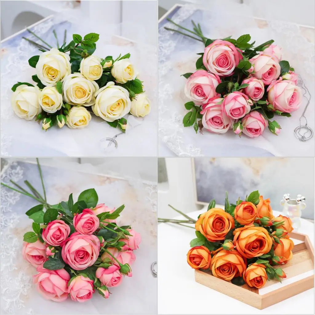 5pcs/Lot Artificial Real Touch Rose Flower Bridal Bouquet Silk Roses Stems Wedding Vase Arrangement Table Centerpiece Home Decor