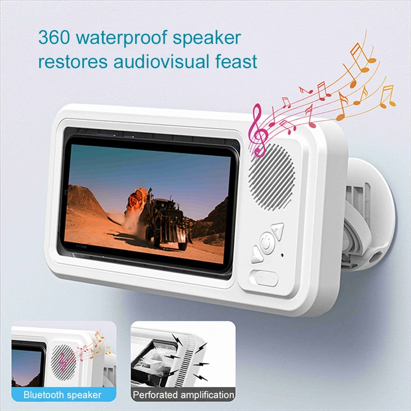 Supporto per telefono da doccia con altoparlante Bluetooth Supporto per telefono da parete con rotazione a 360° per doccia Antiappannamento impermeabile per telefoni da 4-6,9 pollici
