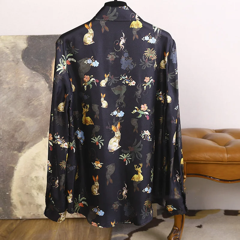 FANIECES blusas mujer Black Rabbit Print Blouse Shirts Women Long Sleeve Summer Autumn Lapel Button Casual Top Lady Shirts 6845