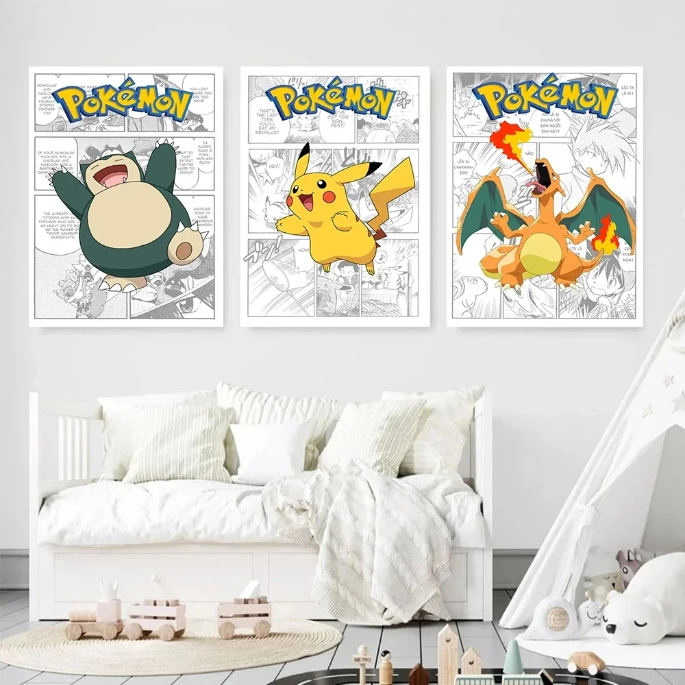 Pokemon urządzenia peryferyjne plakaty Pikachu Bulbasaur Charizard Snorlax na płótnie malarstwo Anime wydruki artystyczne na ścianę dla dzieci