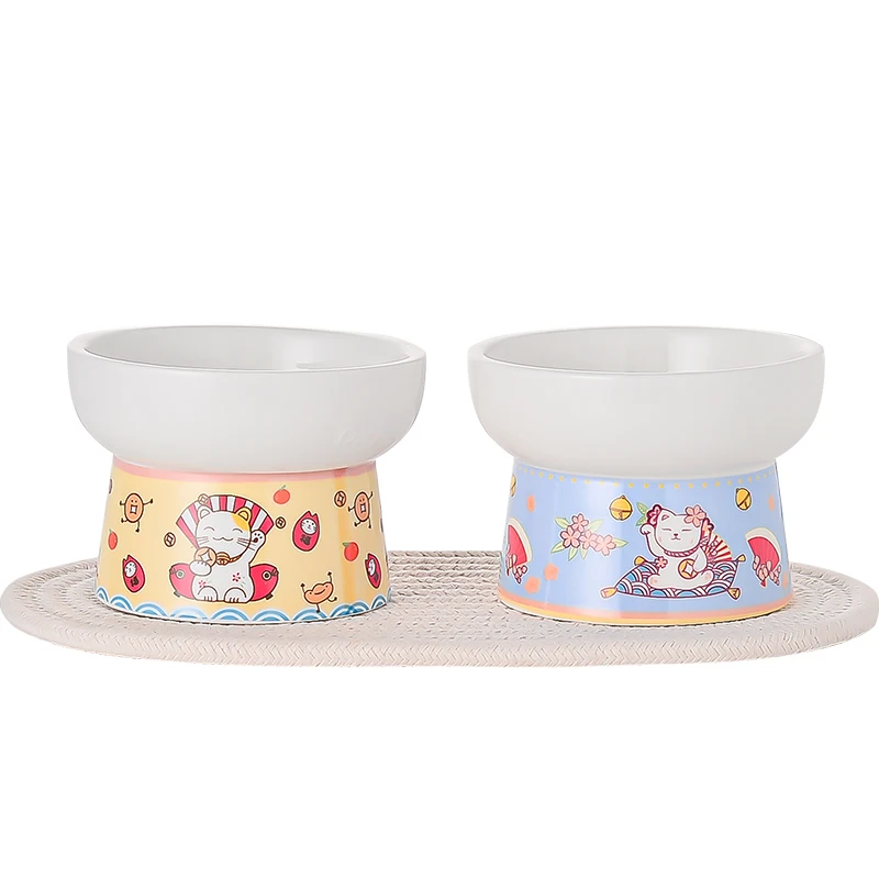 Lucky Ceramic Cat Bowl Feeder with Mat Hign Raised Stand Neck Protector Comedero Gato Bone China Water Feeder Cat Accessories