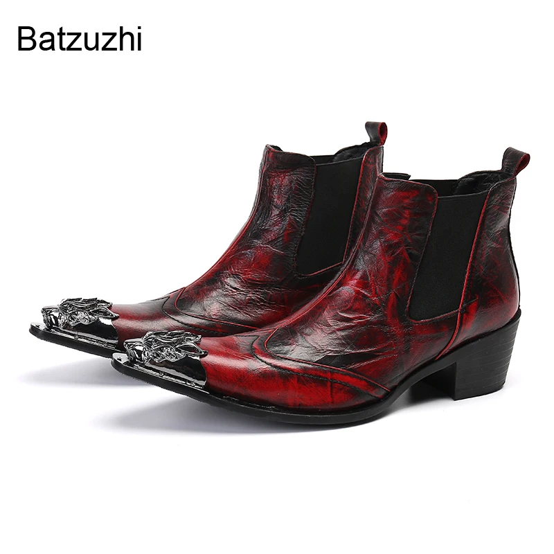 Batzuzhi 2022 New Design Boots Men Iron Metal Toe Genuine Leather Ankle Boots Men Wine Red Party & Wedding Botas Hombre, 38-47