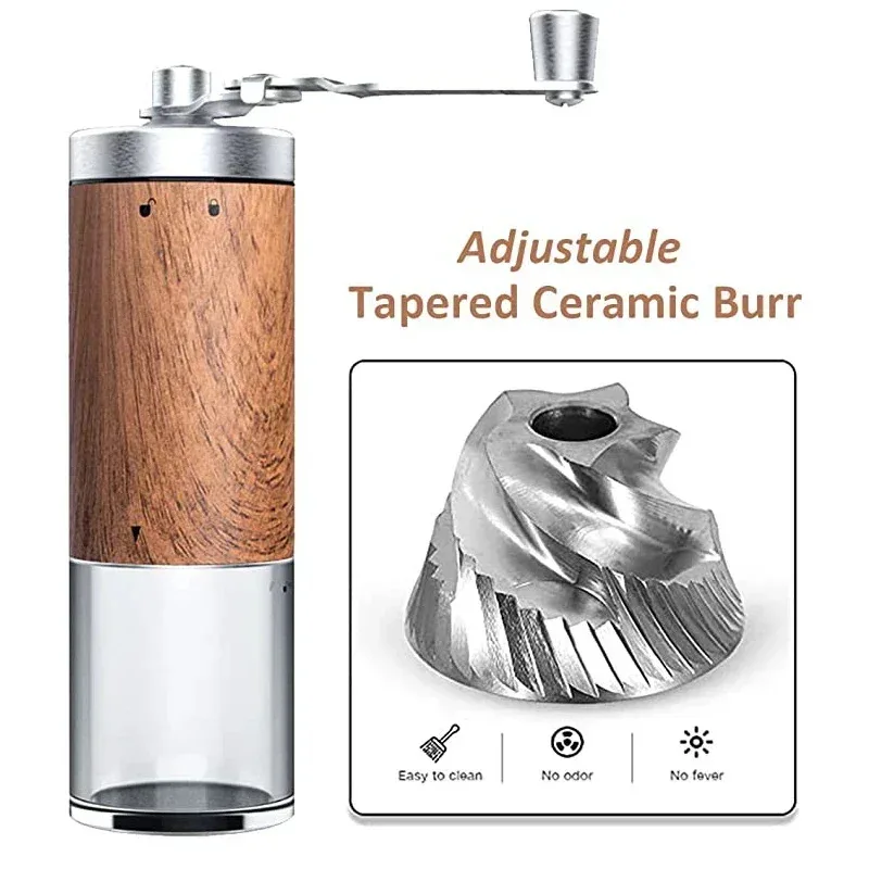 

Vintage Manual Coffee Grinder - Wood Grain Stainless Steel Handheld Bean Mill for Home Travel