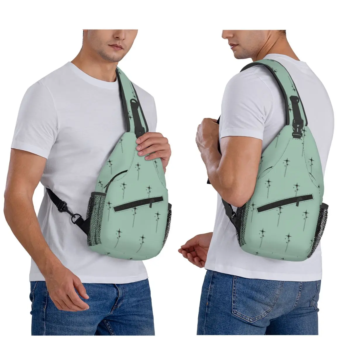 

1950s Atomic Age Retro Starburst In Mint Green And Black Chest Bag Men Sling Crossbody Backpack Chest Bag Daypack Shoulder Bag