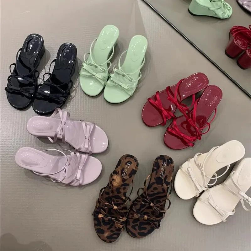 

Summer 2025 Women's Wedge Heel Slippers with Butterfly Knot Soft Bottom Outdoor Wear Microfiber Korean Style Ladies Slides