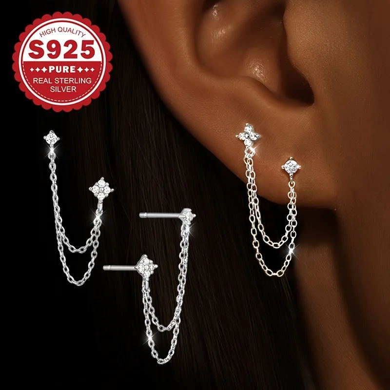 

S925 silver synthetic zircon four-flower chain earrings, fashionable, hypoallergenic, suitable for wearing in multiple occasions
