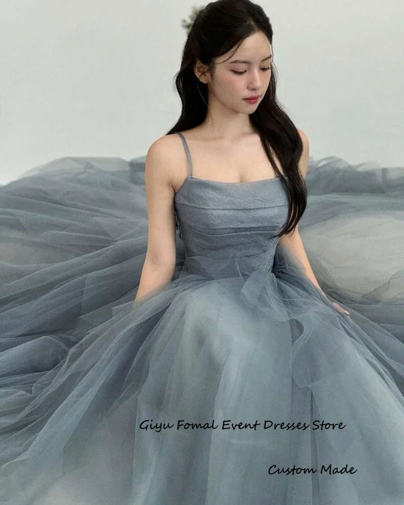 Giyu Fairy Dusty Blue Tulle Wedding Dresses Korea Photo shoot Spaghetti Straps Bridal Gowns Evening Party Dress Corset Back