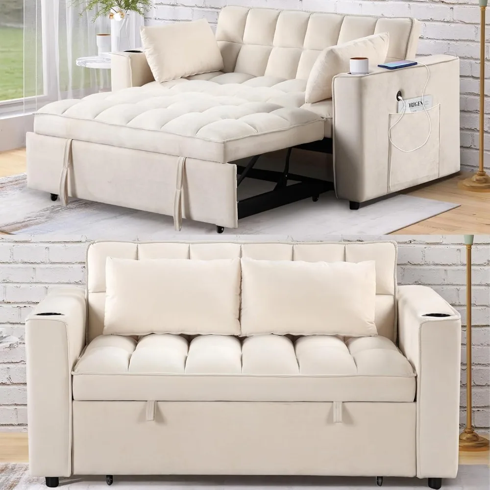 مقعد Loveseat مع سرير قابل للسحب مقاس 55.3 بوصة، وسرير أريكة مخملي قابل للتحويل مع حامل أكواب ومنفذ USB، ووسادتين، وBAC قابل للتعديل #1